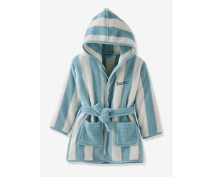 Peignoir de bain Enfant rayures TRANSAT capsule famille personnalisable, avec coton recyclé rayé bleu 14A