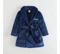 Peignoir d'hiver en peluche bleu marine à manches longues pour bébé garçon, peignoir doublé de thermique avec broderie de lettres et ceinture à nouer, tenue de détente décontractée - vêtements de nuit