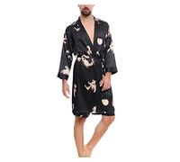 Peignoir en satin rouge pour homme | Kimono en soie légère et décontractée - Imprimé fin - Manches longues - Pour toutes les saisons - Chemise de nuit confortable - Robe de chambre ample, Noir , XL