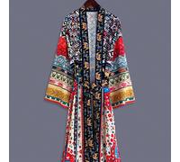 Peignoir mi-long style bohème avec nœud devant, imprimé vibrant d'éléphants et de paisley, manches longues évasées, fabriqué en tissu tissé non extensible, noir automne L,M,STribalTissu tissé