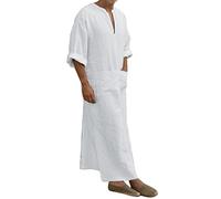 Peignoir musulman en coton pour homme, coupe décontractée, à manches longues, col en V profond avec poche, doux, respirant, couleur unie, robe arabe décontractée pour homme, vêtements musulmans,
