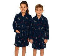 Peignoir pour adolescents Unyqoos® – bleu, 100% polaire, motif ludique, col montant chaud, ceinture assortie, tailles 140–176