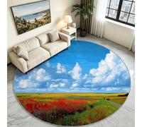 Peinture À L’Huile De Paysage Tapis Rond Chambre Enfant Tapis Poil Court et Doux Antidérapant pour Chambres à Coucher, Salle de Jeu TapisAdo Adulte, Ø 80 cm Champ De Fleurs Ciel Bleu Nuages Blancs