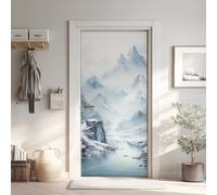 Peinture à L'encre Montagne Effet 3D Sticker Porte 77x200 cm, Asiatique Papier Autocollant Porte Mural Décoration, Zen Stickers Muraux Amovible PVC