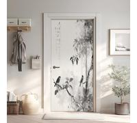 Peinture à L'encre Montagne Effet 3D Sticker Porte 77x200 cm, Zen Papier Autocollant Porte Mural Décoration, Chinoise Stickers Muraux Amovible PVC