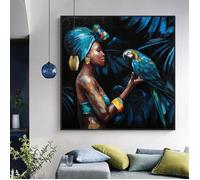 Peinture à l'huile vintage imprimée sur toile femme africaine perroquet images d'art mural pour décoration salon 70x70cm Sans Cadre