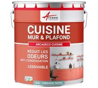 Peinture Cuisine Lessivable Anti-Odeur Mur Plafond 2.5 L Turquoise Pastel | Anti-Odeur de Cuisson, Ultra Couvrante, Lessivable, Limite les Moisissures, Murs et Plafonds - Arcane Industries