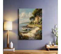 Peinture de Paysage Tableau mural Petit bateau en bois sur la côte 30x20 cm Impression sur toile moderne Cadre bois élégant Décoration murale artistique pour salon chambre maison
