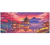 Peinture diamant, dimensions 110 x 50 cm, paysage japonais : cerisiers en fleurs, mont Fuji, temple