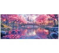 Peinture diamant, dimensions 110x50 cm, paysage japonais, cerisiers en fleurs, pagode