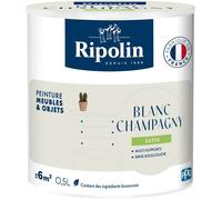 Ripolin - Peinture Meuble & Objet 0,5L Blanc Champagny Satiné - Peinture sans sous-couche pour bois, mélaminé, métal, intérieur/extérieur - 10% biosourcée