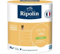 Ripolin - Peinture pour meubles et objets - Jaune Niki - Finition satinée - 0,5L - Intérieur et extérieur - Application facile sans sous-couche - 10% ingrédients biosourcés