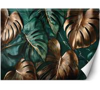 Peinture murale grande feuilles dorées et vertes de monstera papier peint mural 250x175 cm couleur Vert thème Nature et botanique