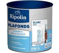 Peinture Plafond Cuisine & Salle de Bain, Blanc Mat, RIPOLIN, 1L, Anti-Moisissures, Effet Perlant