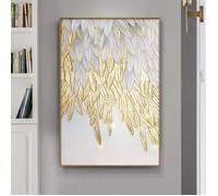 Peinture sur toile avec plumes et feuilles en or blanc,art mural de luxe, image abstraite pour salon,70 x 100 cm, sans cadre
