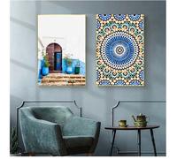 Peinture sur toile d'art mural de bâtiment marocain décor à la maison, affiche nordique de porte bleue de mosquée 40x60cmx2
