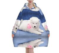 peiyeety Chiot Samoyède blanc avec nœud papillon, couverture à capuche surdimensionnée pour femme, sweat-shirt, pull-over en flanelle