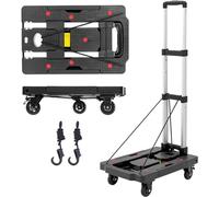 Pejevir Chariot Plateforme Pliable, Chariot de Transport Max.150kg, Diable Pliable avec 5 Roues et 2 Sangles, Poignée Télescopique, roulettes Pivotantes à 360° avec Frein, Revêtement Antidérapant