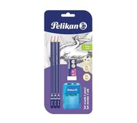 Pelikan - Crayons graphite, manche en bois certifié FSC, section hexagonale peinte au plomb, résistant à la casse, 3 crayons + caoutchouc + taille-crayon