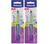 Pelikan Erase 2.0 Stylo effaçable ergonomique Encre bleue pour droitier et gaucher pour l'école Pointe M Indéformable, recharge bleue incluse (Lot de 2)