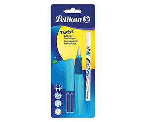 Pelikan Twist en couleurs assorties, stylo plume ergonomique, pour droitiers et gauchers, pour l'école et le bureau, plume M en acier inoxydable, 2 cartouches bleues et gomme incluses, rechargeable