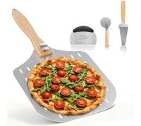 Pelle à pizza perforée avec poignée pliable 30,5 cm | Grattoir à pâte avec échelle de mesure, roue à pizza et pelle à tranche, kit d'accessoires de four à pizza 4 pièces pour