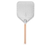 Pelle à Pizza Ronde en Acier Inoxydable, Retourneur Extérieur | Poignée en Bois, Forme Ajourée, Usage Four et Grill, Argenté, Sessions de Cuisson, Lot Unique