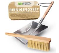 Pelle à poussière et balayette - Long manche en bois - Lot de 2 - Acier robuste - Poils naturels clairs - Pour cheminée, cuisinière et maison