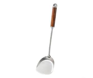 Pelle wok en acier inoxydable 316 avec poignée en bois de noyer résistante à la chaleur et pour poêles wok casserole anti-rayures ergonomique pour rôtir remuer réversible argent 38,5 x 10 cm