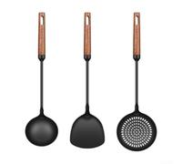 Pelle wok en fer avec poignée en bois, mélangeur résistant à la chaleur pour poêles à frire, outil de cuisine ergonomique pour retourner et servir, 37,9 x 9,5 cm (lot de 3 pièces)
