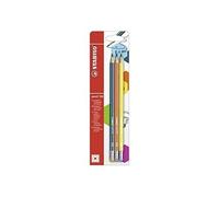 pencil 160 - pack de 3 crayons graphite hb avec bout gomme - bleu ardoise orange jaune