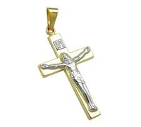 Pendentif 27x16mm croix avec Jésus bicolore OR 9K brillant