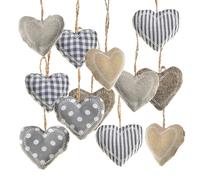 Pendentifs cœur Tissu, 12 pièces: Breloques de Noël, Suspension décorative Beige et Grise, décoration Hiver et Advent, Charms cœur à Suspendre, déco Arbre, 5 x 6 cm