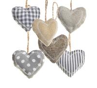 Pendentifs cœur Tissu, 6 pièces: Breloques de Noël, Suspension décorative Beige et Grise, décoration Hiver et Advent, Charms cœur à Suspendre, déco Arbre, 5 x 6 cm