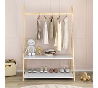 Penderie enfant DANILO avec tringle à vêtements et deux étagères, design tipi, en bois massif, coloris naturel/ blanc