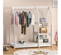 Penderie Enfant SALLY H 120 cm en Bois Massif Blan vec Étagères, Portant Enfant Montessori Dressing avec Tringle