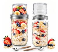 Pengrud 2 Pots à Flocons d'Avoine Verre avec Cuillères | Bocal Overnight Oats, Compartiment Supérieur 100ml, Couvercle Étanche, pour Petit Déjeuner Nomade, Bureau, 500ml