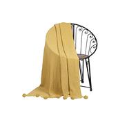 Penguin Home® Couverture tricotée avec Pompons 100% Coton - Couleur Ocre - avec Toucher Extra Doux pour canapé et lit - Couverture Chaude et Confortable - 130 x 150 cm