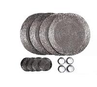 Penguin Home® Lot de 12 Sets de Table, Dessous de Verre et Ronds de Serviette -Sets de Table Ronds - Fabriqués à la Main par des Artisans Indiens qualifiés - Diamètre : 32 cm 3750, Argent Vieilli