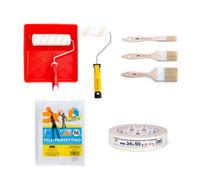 PENNELLIFICIO 2000 | Kit de peinture professionnelle composé de grand rouleau et petit rouleau, 3 pinceaux, bac en plastique, ruban en papier pour masquage, bâche de protection 4 x 4 mètres - Fabriqué