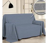 PENSIERI DELICATI Housse de canapé 360 x 290 cm, fabriquée en Italie, 100% Pur Coton recyclé, Teint en Fil, Motif Rayures Bleues, idéal comme Couverture de canapé, Couverture de Pique-Nique