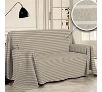 PENSIERI DELICATI Housse de canapé 360 x 290 cm, fabriquée en Italie, drap housse 100 % coton pur recyclé teint en fil, motif rayé, beige, idéal comme toile d'ameublement, sauvegarde canapé, couverture pique-nique
