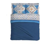 PENSIERI DELICATI Parure de lit Double 100% Coton, Parure de lit Double 180 x 200 cm, avec Drap Plat, Dessus et 2 taies d'oreiller, fabriquée en Italie, Motif faïence Bleu