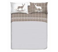 PENSIERI DELICATI Parure de lit Double 100% Coton, Parure de lit Double 180 x 200 cm, avec Drap Plat, Dessus et 2 taies d'oreiller, fabriquée en Italie, Motif Tartan cerf Beige