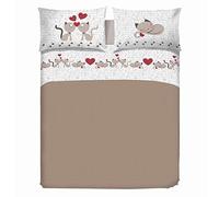 PENSIERI DELICATI Parure de lit Double 100% Coton, Parure de lit Double 180 x 200 cm, avec Drap Plat, Dessus et 2 taies d'oreiller, fabriquée en Italie, Fantaisie Chatons Beige