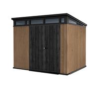Pent 9x7 - Abri jardin 279x226x218 cm 2 portes rangement outils effet bois Evotech+ résine marron/noire