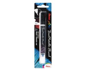 Pentel Arts Dual Metallic Brush XGFH Feutre pinceau encre gel métallisée irisée, pointe nylon, traits fins à larges, 2 effets de couleur noir + rouge métallique