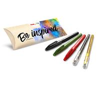 Pentel Arts Pack Noël contenant 5 pièces : 3x feutres pinceaux noir/rouge/vert olive, 2x rollers encre gel métallique or/argent SES15C-AMZ5MP2EU