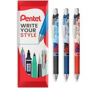 Pentel EnerGel XM BL77 Winter Edition Lot de 3 stylos à encre gel liquide rétractables - 0,7 mm - 54 % recy ans une enveloppe cadeau - Encre noire - Corps noir, bleu, rouge