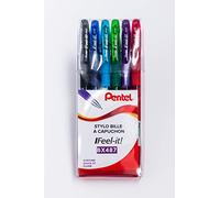 Pentel Ifeel it! BX487, Pochette de 6 stylos bille encre à faible viscosité, pointe moyenne 0,7 mm, noir/rouge/bleu/vert/bleu ciel/violet